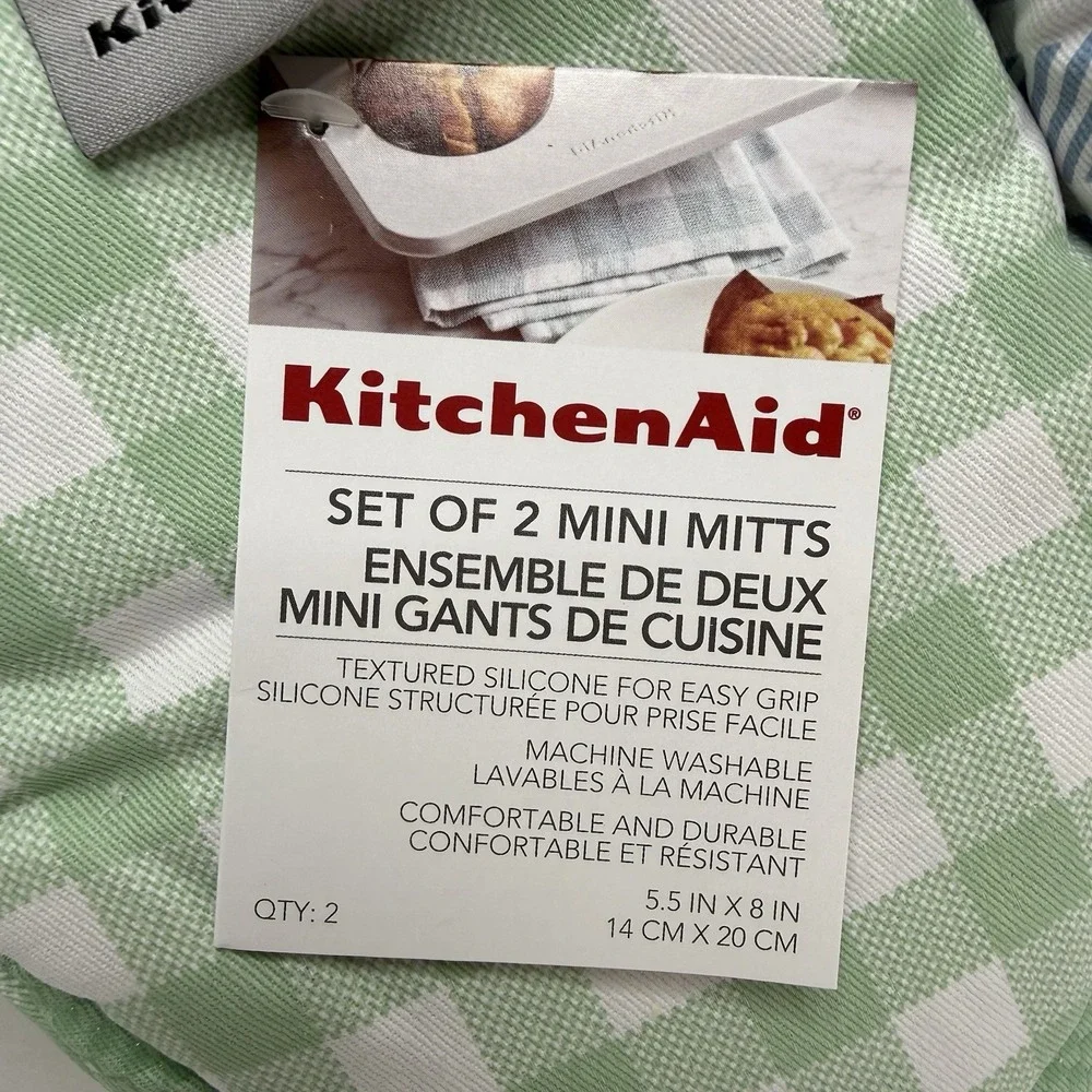NEW KitchenAid Mini Oven Mitts 4 Pack Green Gingham Blue Stripe Silicone Grip